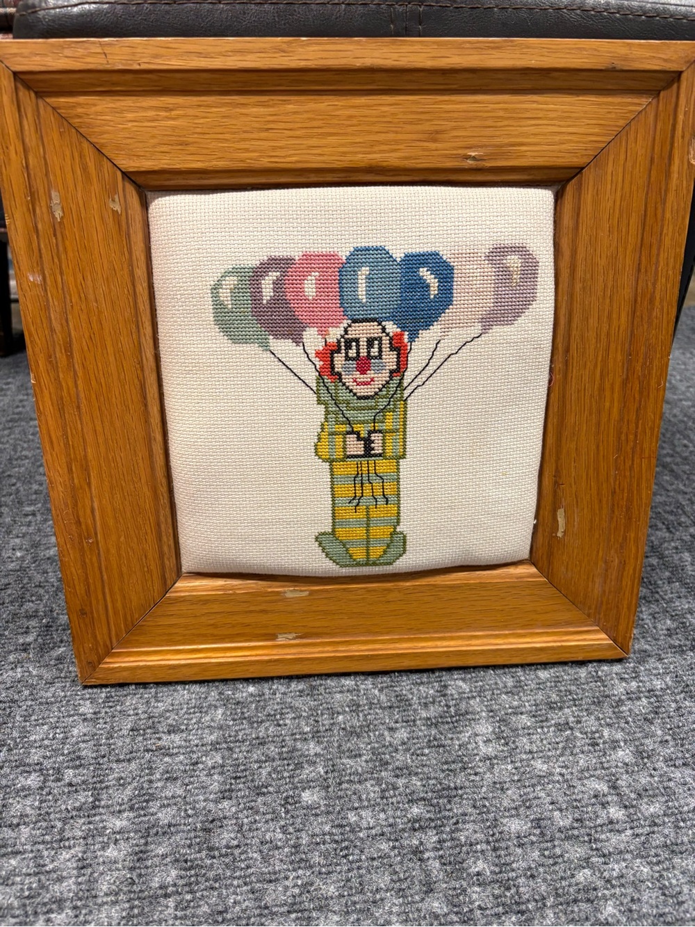 Framed Clown Balloon Cross-Stitch Wall Art – Multicolor